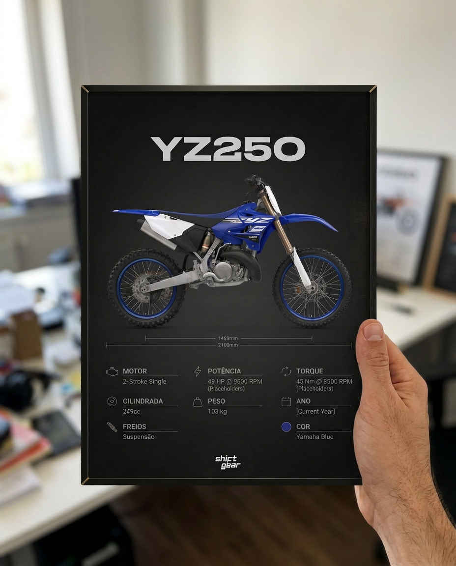 Quadro Blueprint YZ250 sendo segurado na mão, referência de tamanho